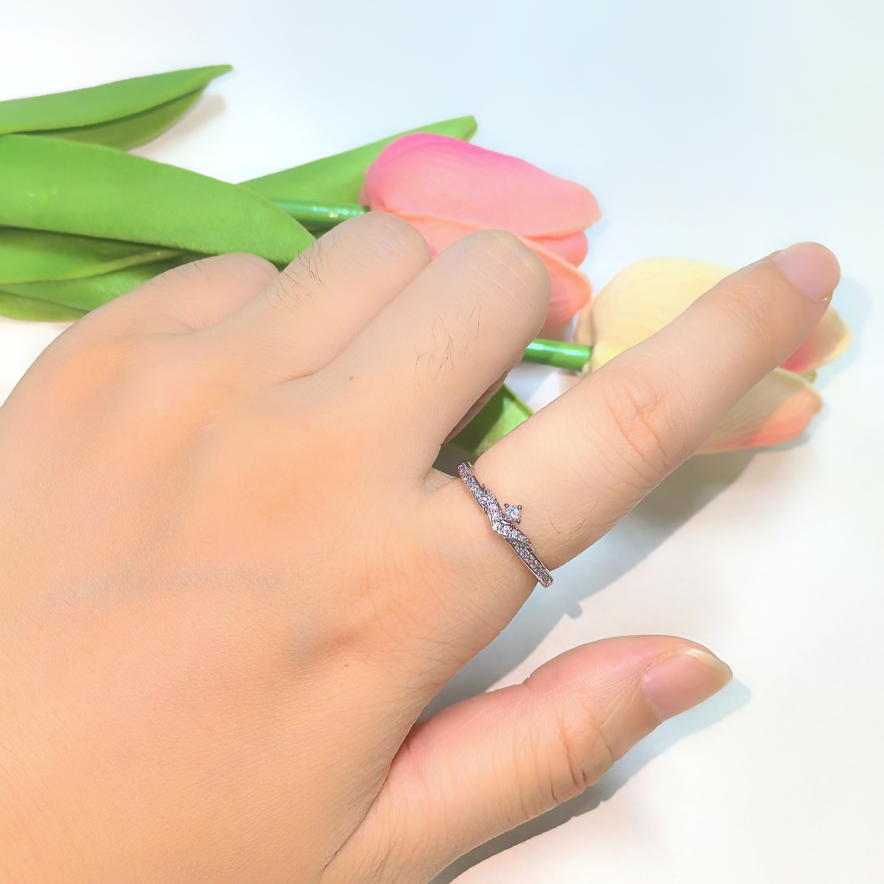 Adjustable CZ Classic Ring Rose/Silver Color